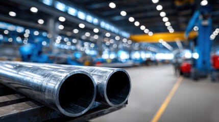 Close-up of shiny galvanized steel pipes in an industrial factory setting, suitable for construction and engineering concepts.