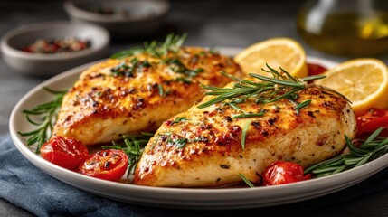 Roasted chicken breasts with rosemary, cherry tomatoes, and grilled lemon on a white platter, ideal for culinary promotions or recipe books.