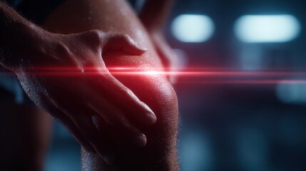 Close-up of a hand on a knee highlighted by a red glow, emphasizing potential inflammation or injury. Ideal for health or medical themes.