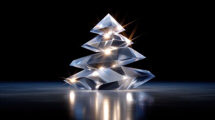 Crystal Christmas tree made of ice shards, refracting colorful light, symbolizing modern festive elegance and creativity.