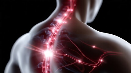 3D anatomical model of a back with glowing acupuncture meridians, highlighting energy pathways. Ideal for health, wellness, and educational concepts.
