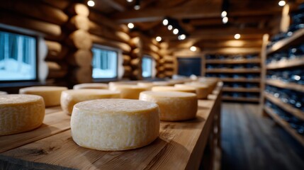 Rustic cheese-aging room with wooden shelves filled with cheese wheels under cozy lighting, perfect for artisanal food promotions.