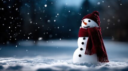 Snowman with red scarf and hat in snowy yard, serene winter atmosphere, ideal for holiday season promotions or winter-themed marketing.