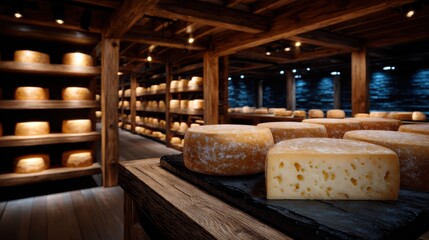 Aging cheese wheels on rustic wooden shelves in a warm-lit cellar, ideal for culinary, artisanal, and gourmet-themed commercial use.