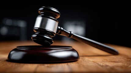 Close-up of a wooden gavel on a mahogany table, symbolizing justice and legal authority in a courtroom setting.