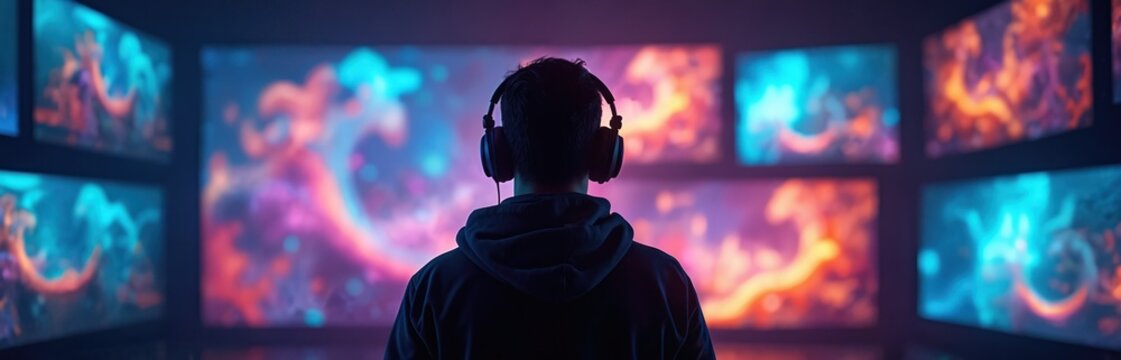 Man wearing headphones watches abstract colorful visuals on multiple screens. He is immersed in digital world, surrounded by glowing lights and patterns. Screens display dynamic, mesmerizing art. - Powered by Adobe