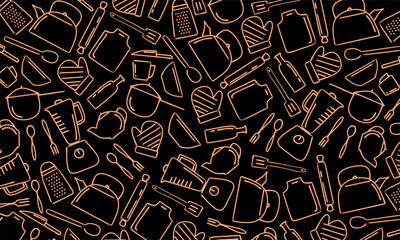 Hand drawn kitchen utensil pattern with orange neon line art on black background for cooking, food, and decorative surface design