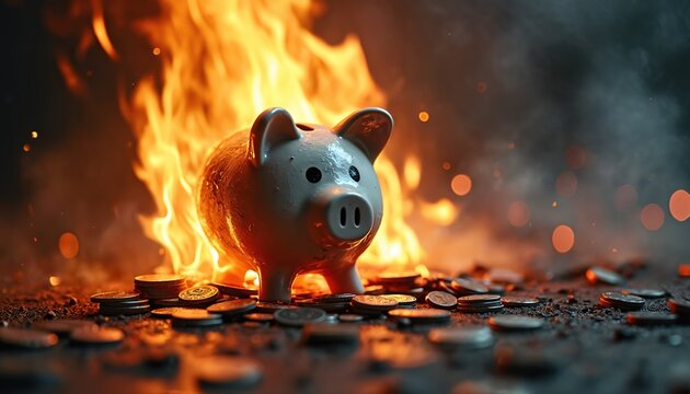 Piggy bank sits on coins amid raging fire and smoke. Financial destruction, loss of savings, and economic hardship are symbolized. Represents debt, ruin, and monetary crisis.