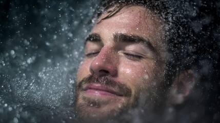 A man with closed eyes, surrounded by water droplets, experiencing bliss. The focus is on his face and the dynamic water