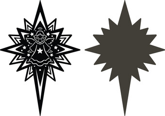 Christmas star  with flying angel and stars for Christmas tree decoration design element. Vector illustration.