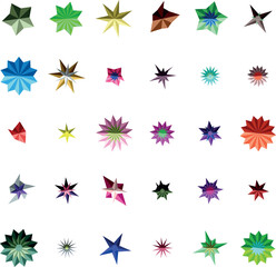 Many brightly colored faceted geometric stars organized in rows across a simple white canvas