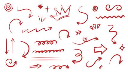 Red Hand-Drawn Arrows, Crown, and Decorative Elements - Doodle Vector Illustrations for Design and Emphasis, Transparent Background