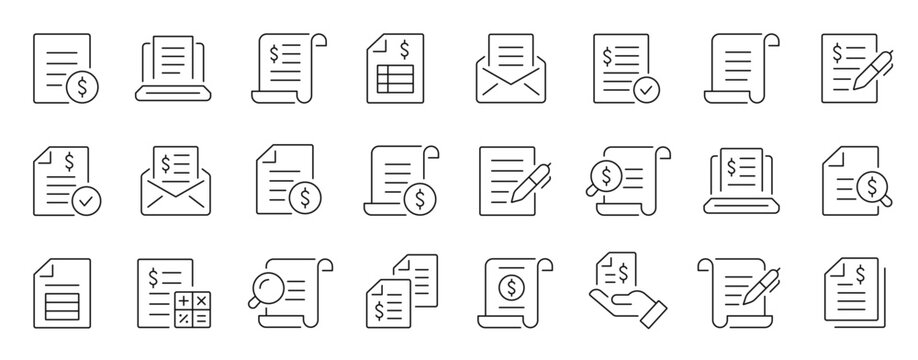 Invoice thin line icons set. Receipt, bill symbol. Editable stroke. Vector