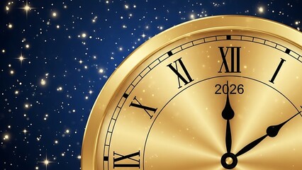 Closeup of golden roman numeral clock face showing year 2026 against starry night sky roman numerals