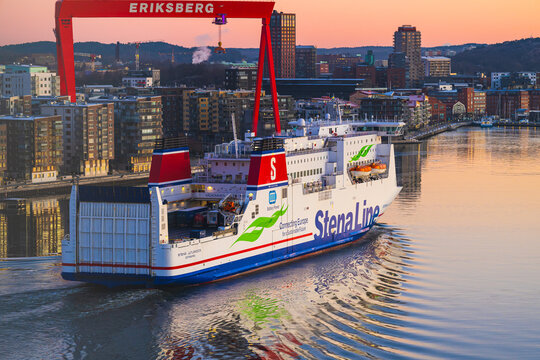 Gothenburg, Sweden - February 18 2025: stena line ferry departing gothenburg at dusk.