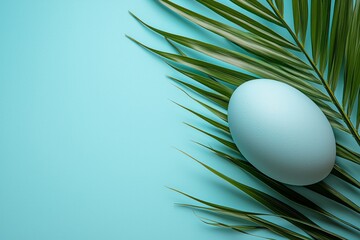 An artful display of a blue egg atop lush green palm leaves, combining vibrant colors and natural elements perfect for tropical and Easter celebrations.
