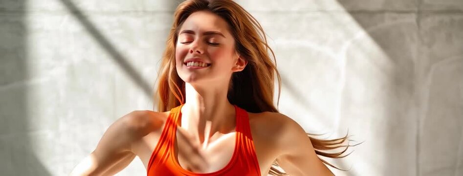 freedom video with a cute happy woman with wide open hands and turning, relax expressions on her face and feeling free in a sunny morning with shadows, copy space at a side 