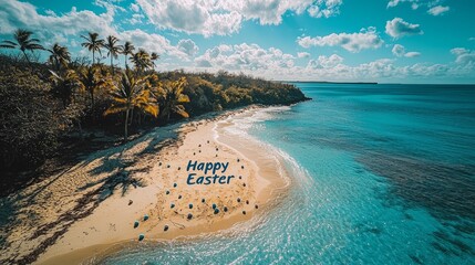 An idyllic tropical beach setting with 'Happy Easter' decorated in sand, surrounded by vibrant colorful eggs, combining nature and festivity with a tranquil ocean background.