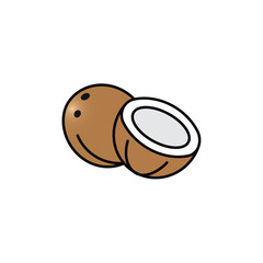 Fresh brown coconut whole and half cut vector illustration icon in flat cartoon style isolated on white background