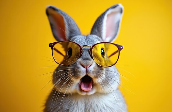 Surprised grey rabbit wears yellow glasses, mouth open in shock against a bright yellow background. Cute fluffy mammal looks funny with its face close up.