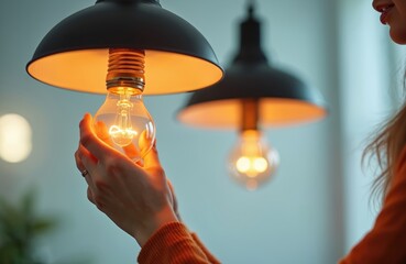 Woman hand screws in warm vintage Edison bulb into ceiling lamp. Person replaces light filament lamp for new energy saving LED. Home lighting repair DIY.