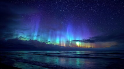 A mesmerizing nightscape of ocean waves reflecting vibrant aurora borealis under a starry sky. Blues, greens, and purples swirl