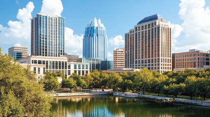 Fototapeta premium City skyline park lake reflecting modern office tower and blue sky at golden hour