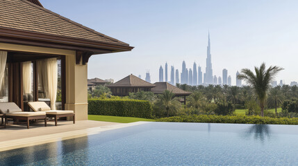 Obraz premium Luxury villa rooftop pool with lounge chairs and city skyline view, serene atmosphere