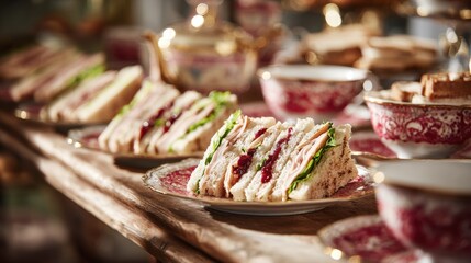 Triangular tea sandwiches filled with sliced meat, lettuce, and red sauce cranberry or jam. They are served on antique, red and gold porcelain for a formal afternoon tea service.