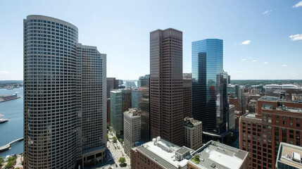 City skyline modern tower historic spire waterfront urban view bright daylight