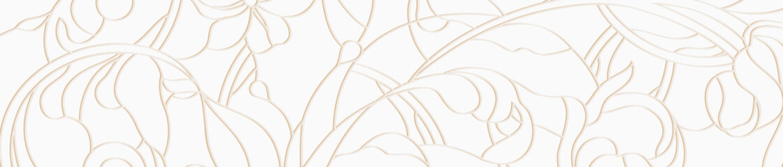 Elegant white and gold floral outline pattern texture background panorama