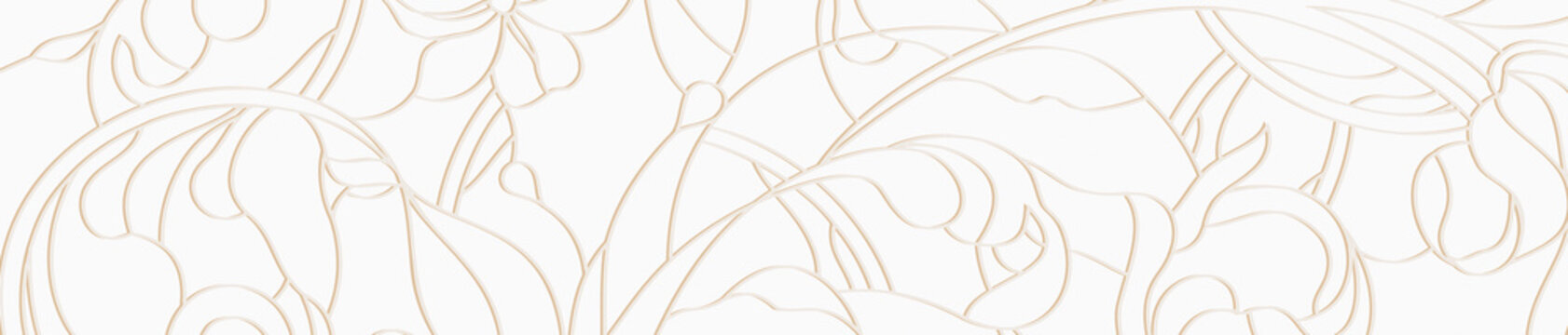 Elegant white and gold floral outline pattern texture background panorama