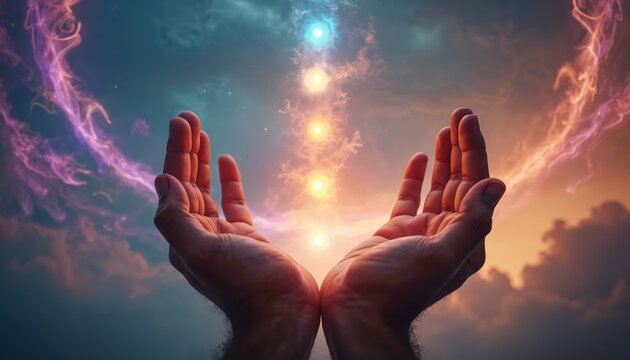Hands creating a cosmic energy vortex. Lights align in a spiritual flow. Universe opens with mystic power, pure magic, spiritual connection.