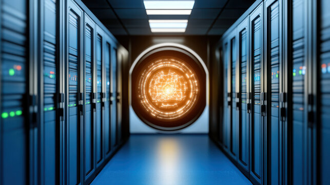 Glowing data core in server room, data stream hub, futuristic network visualization - Powered by Adobe