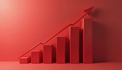 Red bar chart shows upward trend line with arrow signifying success and business growth. Conceptual image of financial gain and economic progress.