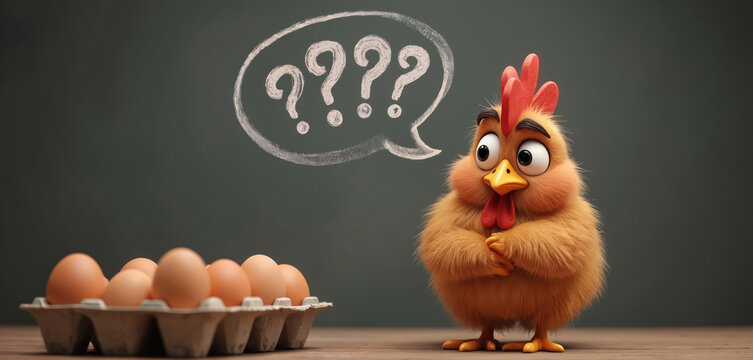 Fluffy cartoon chicken stares at eggs with confused expression. A speech bubble shows many question marks above its head. This visual represents uncertainty and farm life.