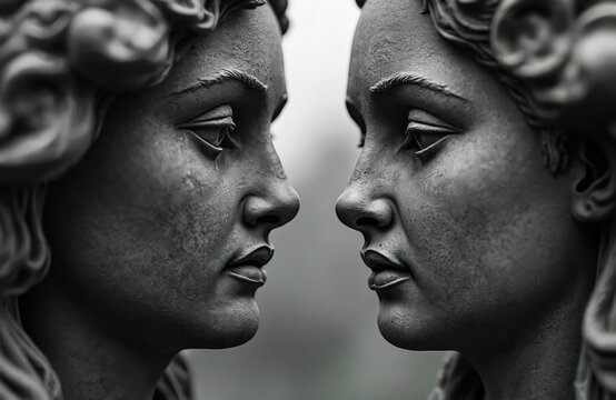 Two stone faces gaze at each other. One statue shows a sad expression. Their profiles meet in quiet reflection. This art conveys deep emotion, thought, and connection.
