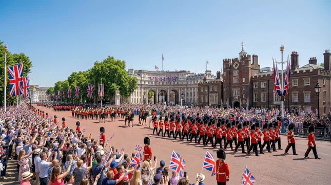 The Queen&rsquo;s Platinum Jubilee Celebration with Household Division Guards Parading During Trooping the Colour in London