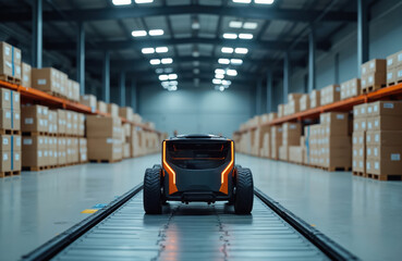 An autonomous robot moves through a large warehouse. Stacks of boxes line the shelves. The robot uses advanced tech for smart logistics. It helps in efficient package transport.