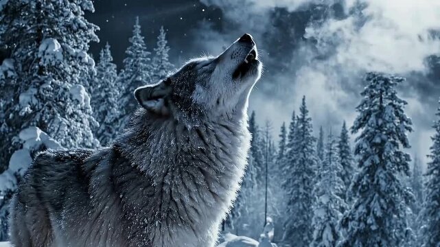 Majestic wolf howling at moonlit winter sky snow covered pine forest wilderness video