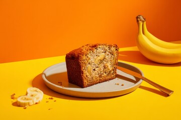 Banana Bread Slice on Ceramic Plate with Knife on Orange and Yellow Background. AI generative