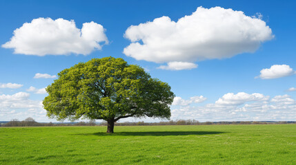 Fototapeta premium Lone oak tree casting shadow on green meadow under blue sky with fluffy cloud