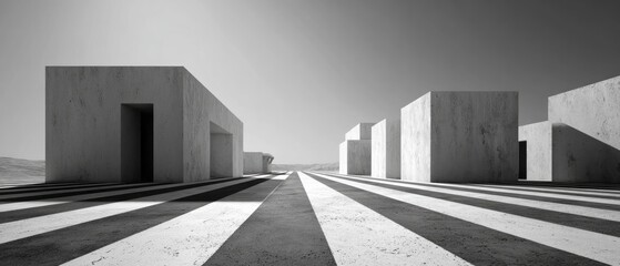 Minimalist Concrete Buildings with Long Striped Shadows in Desert Landscape, Black and White. AI generative