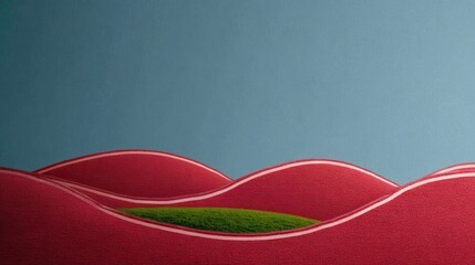 Abstract Red Rolling Hills and Green Valley Under Blue Sky Minimal Landscape. AI generative