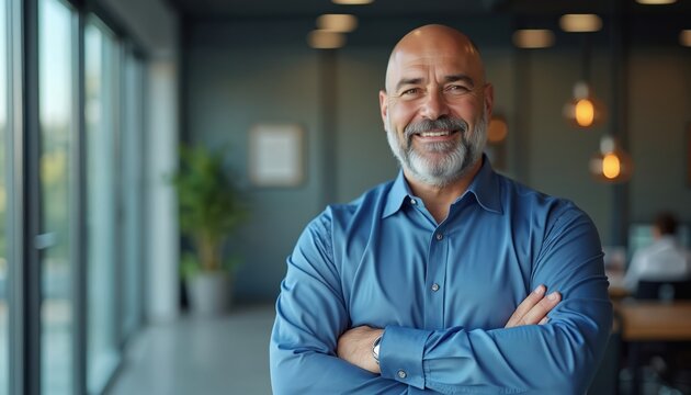 Bald man with gray beard smiles, crosses arms in office setting. Mature professional looks confident, experienced, ready for business meeting. Positive executive poses near window, blurred background.