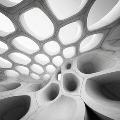 Futuristic Concrete Honeycomb Atrium Ceiling with Organic Skylight Openings. AI generative