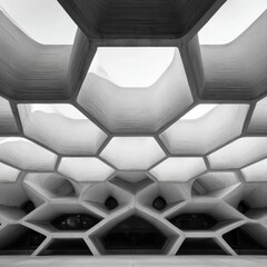 Futuristic Concrete Honeycomb Ceiling with Hexagonal Openings and Symmetric Atrium. AI generative