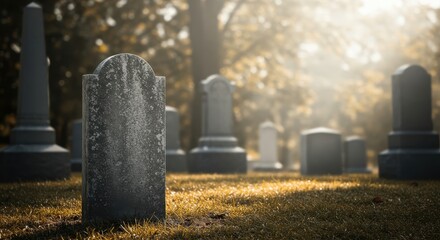 A weathered gray headstone stands silently in an old, quiet burial ground under soft, diffused daylight, representing eternal rest ,granite ,garden ,religious