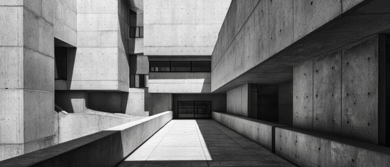 Brutalist Concrete Walkway in Modern Courtyard with Dramatic Sunlight and Shadow, Black and White. AI generative