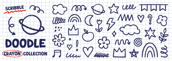 Chalk pencil cute kids elements, crayon preschool kindergarten doodle icons set. Childish scribble blue pen rainbow, stars, flower, crown in sketch style. White checkered notebook paper background